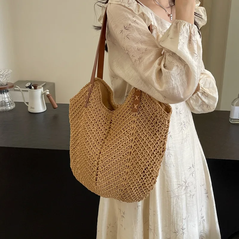 

Lazy style cotton woven bag for women's 2024 new beach vacation beach bag with large capacity single shoulder tote bag