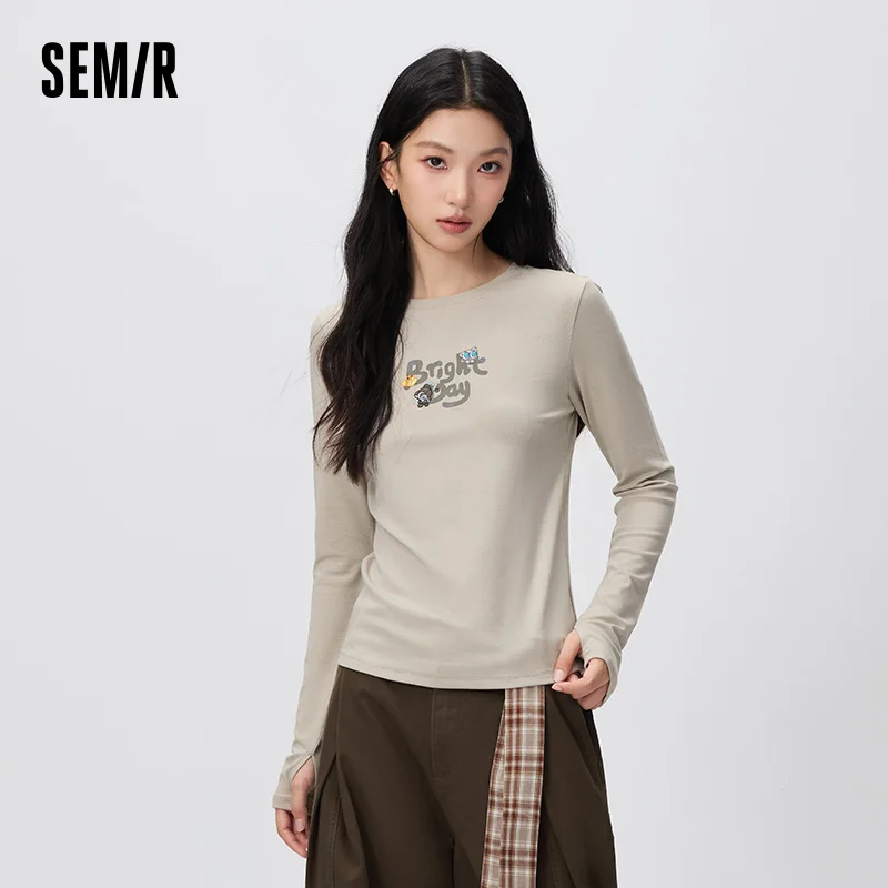 Semir Women Tshirt Letter Graphic Embroidered Detail Regular Shoulder Long Sleeve Slim Fit 2026 Autumn Everyday Wear