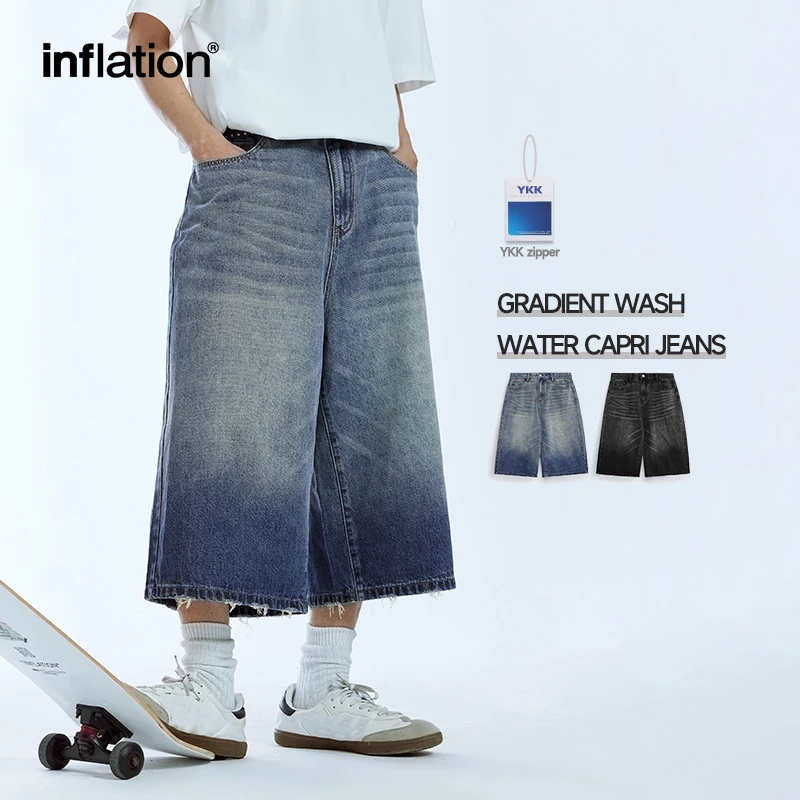 

INFLATION Washed Wide Leg Jeans Shorts Trendy Blue Loose Fit Cropped Denim Trousers