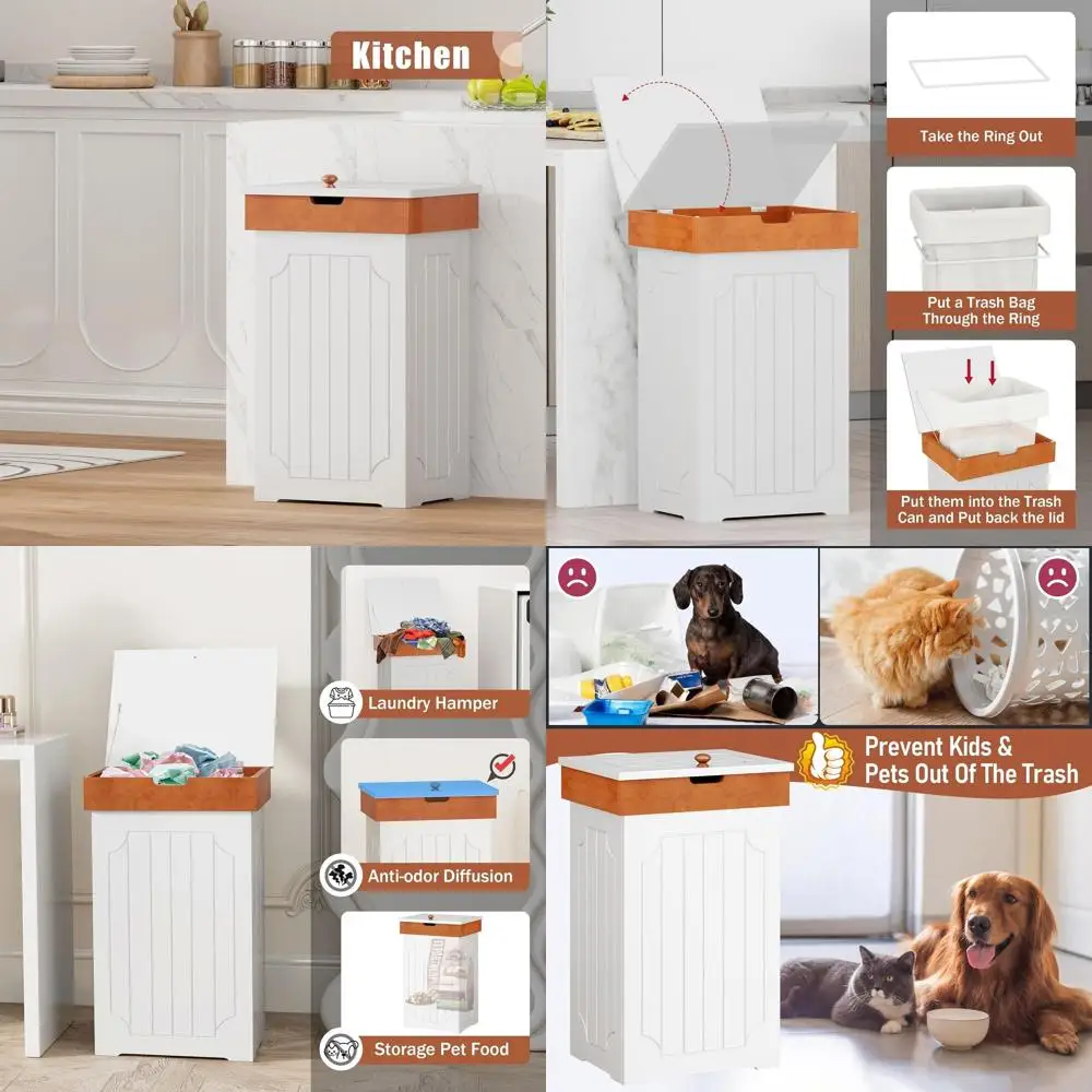 

White 13-Gallon Kitchen Trash Bin with Lid, Wooden Recycling Bin, Dog-Resistant Cabinet for Home Use