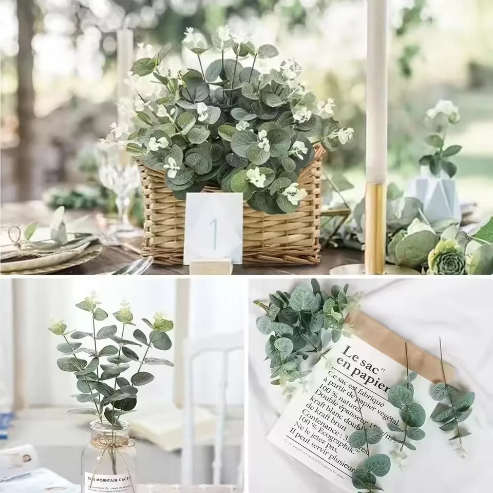 10pcs Eucalyptus Leaf Stems Green Artificial Plants Living Room Decor Bride Wedding Vases Flowers Bouquet Decor Artificial Plant