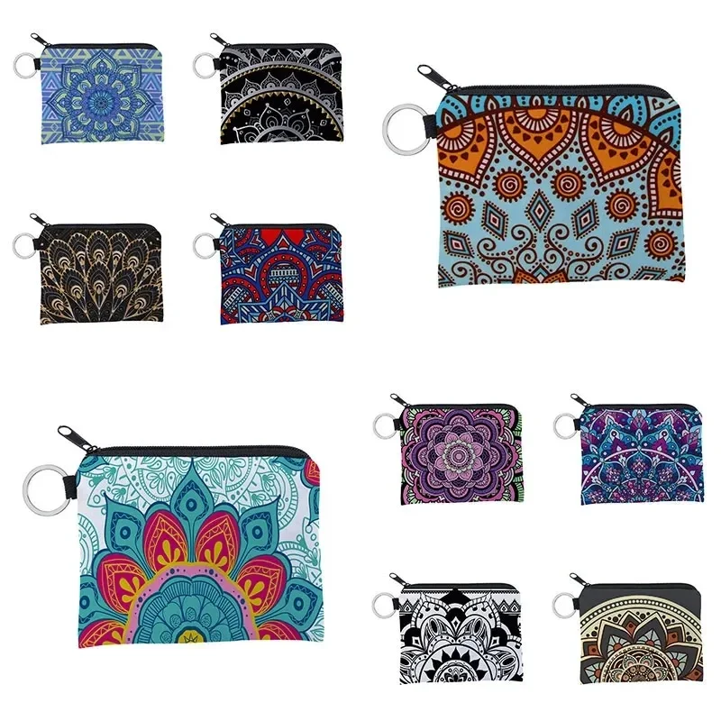 Bohemian Style Small Coin Purse Mini Wallet Coin Bag Datura flower pattern Print Waterproof with Zipper Keys Wallets for Women