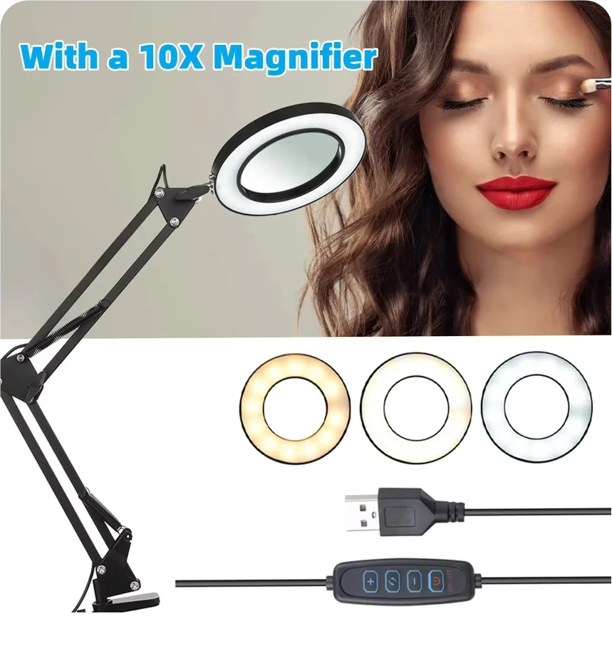 72LED 10X NEW Illuminated Magnifier USB 3 Colors LED Magnifying Glass for Soldering Iron Repair/Table Lamp/Skincare Beauty