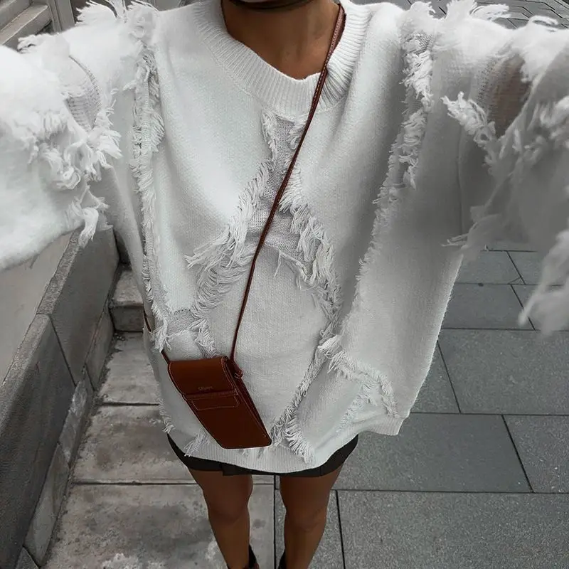 Damski sweter retro na jesień i zimę 2025, nowy, z diamentowymi frędzlami, casualowy, uniwersalny, ażurowy, luźny, do pracy.