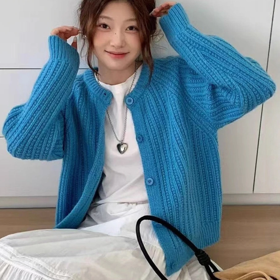 

Women Knitted Cardigan Sweaters Y2k Jumpers Round Neck Long Sleeve Single Breasted Loose Casual Office Lady 2025 Autumn Winter
