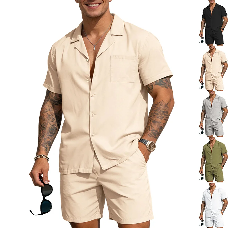 

2026 Mens Short Sleeve Shorts Set Solid Color Lapel Shirt Casual Two Piece Summer Outfit Lightweight Breathable Beach Vacation
