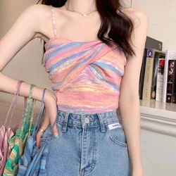 Summer Knit Camisole Crop Top Girls Twisted Contrast Color Striped Stretchy Sweet Hot Camis Sleeveless T-Shirt For Slim Lady