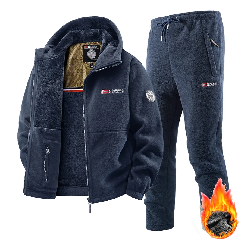 New Winter Sportswear Set Mens Retro Training Thick Fleece Hooded Jacket + Pants Two Piece Set Casual Ski Running Tracksuit Suit - view 5