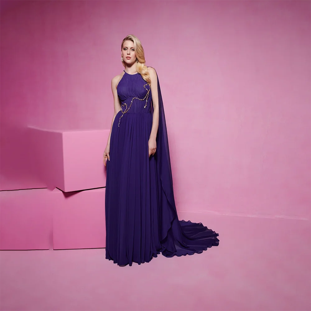

Purple Evening Dresses Customized O-Neck Sleeveless A Line Evening Gowns Pleated Beading Chiffon Elegant Wedding Guest Dress