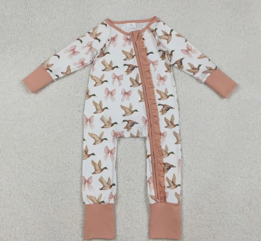 

Newborn Baby Bodysuit Infant Children Long Sleeves Girl Zipper Romper Kids Ducks Bows Clothes