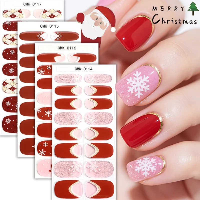 16Tips French Christmas Gel Nail Strips Full Cover Glitter Snowflake Polka Dot Baking-Free Gel Nail Stickers DIY Manicure Decor
