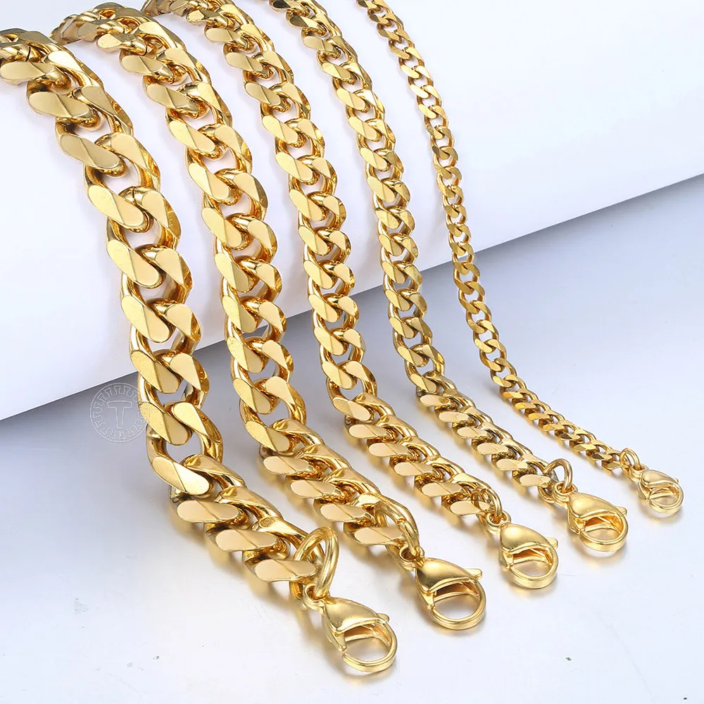 3-11MM Gold Color Stainless Steel Bracelets For Men Women Unisex Curb Cuban Link Chain Simple Wrist Jewelry Gifts