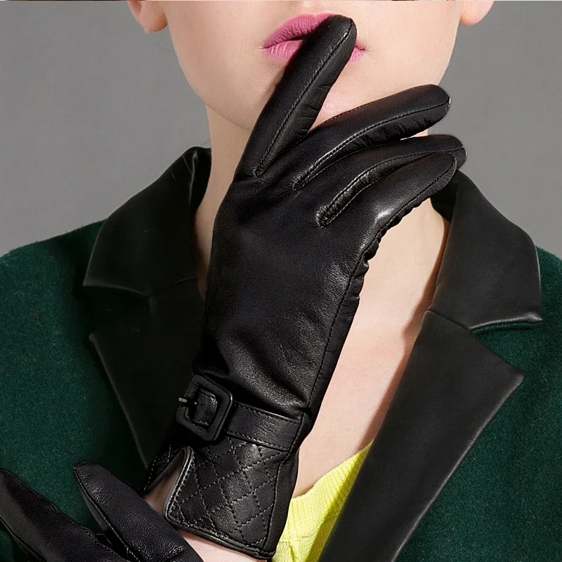 GOURS Winter Real Leather Gloves Women Black Genuine Goatskin Gloves Fleece Lining Warm Driving Fashion Belt Design New GSL016