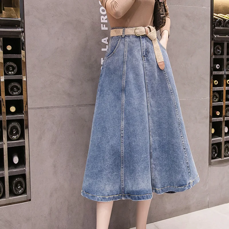 Vintage Denim Skirt Female Oversize Big Swing Sweet Casual Fashion Midi Long Skirts Women High Waist A-Line All-match Streetwear