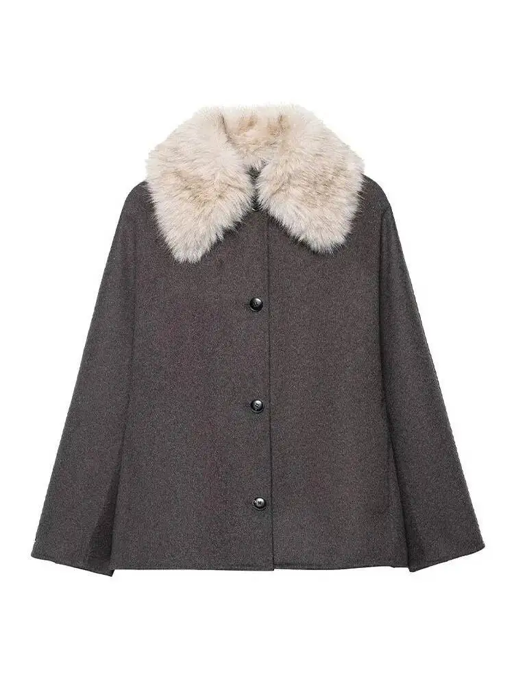 HH المرأة فو الفراء تأثير العنق سترة غير رسمية الإناث موضة التلبيب جيوب واحدة الصدر تزيين معطف الشارع الخريف