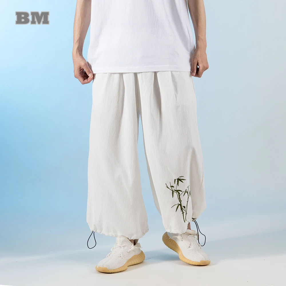 Chinese Style Thin Bamboo Leaf Embroidery Wide-Leg Pants Men Clothing Summer Vintage Tai Chi Kung Fu Joggers Casual Ninth Pants