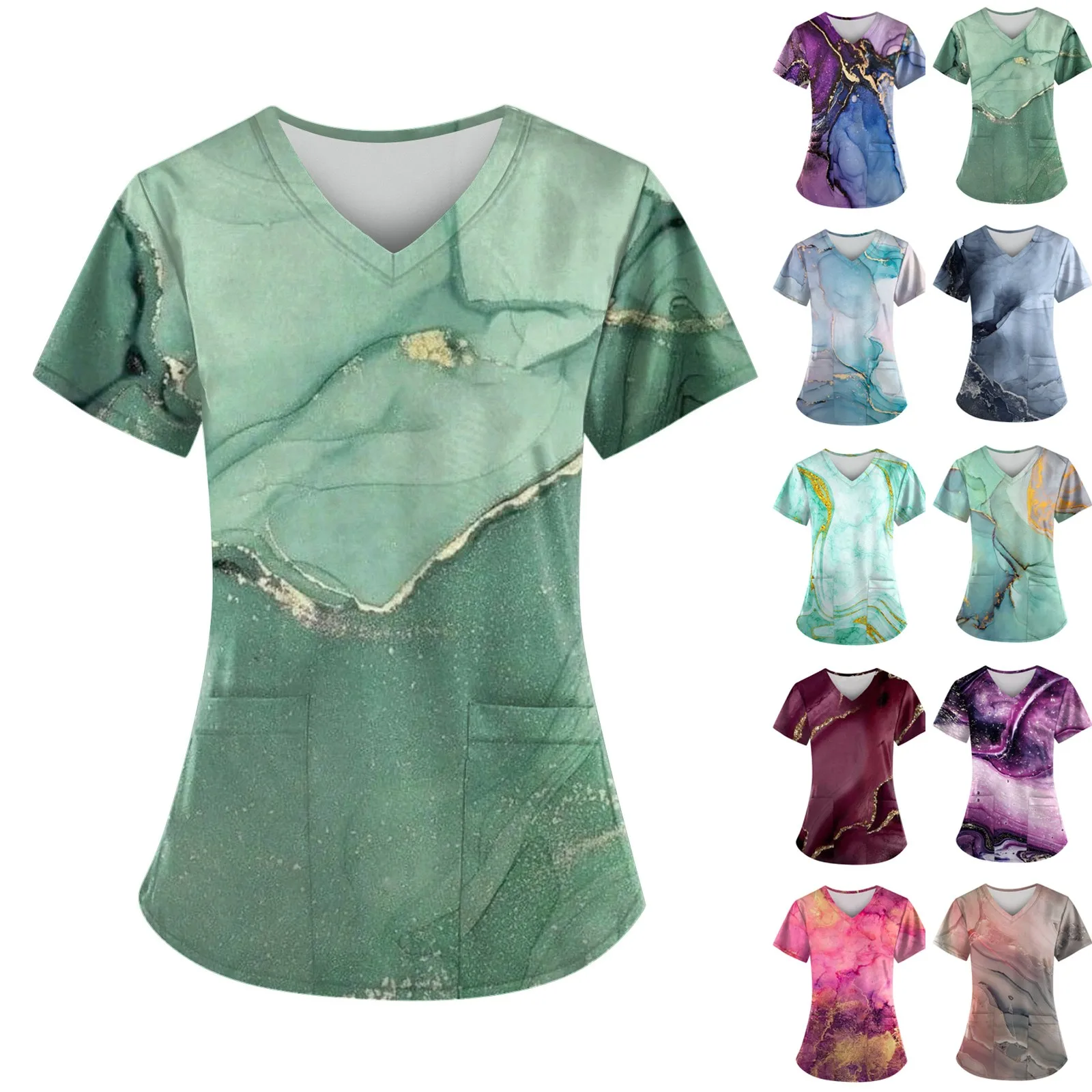 

Women Blouse Print Nurses Uniforms Women Short Sleeve V Neck Working Blouse Tops With Pockets Medical Nursing Uniform Scrubs