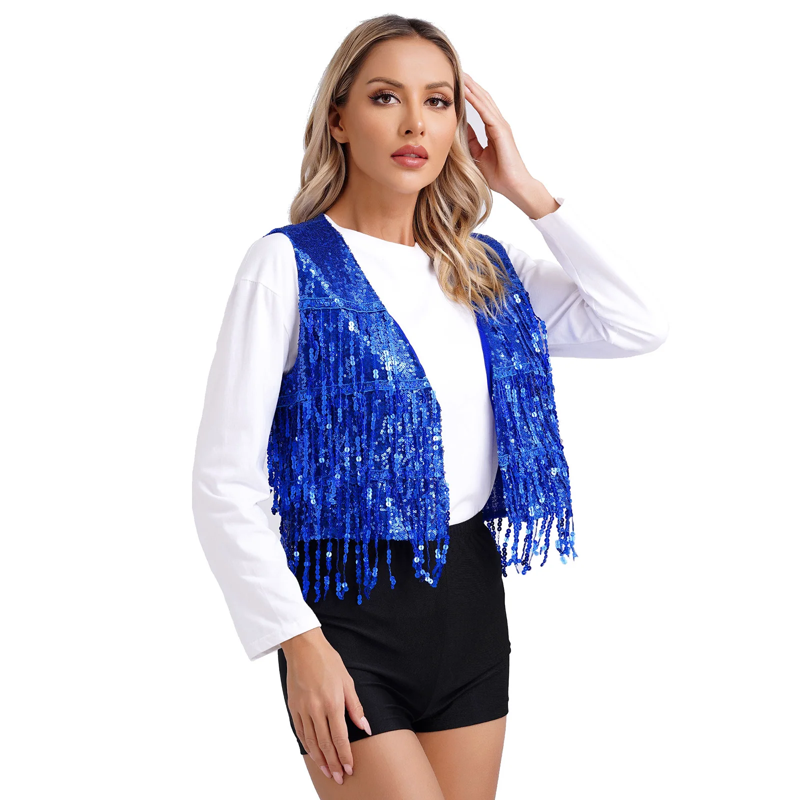 Chaleco sin mangas con borla brillante para mujer, cuello en V, frente abierto, lentejuelas brillantes, Jazz, baile, Festival de Música, ropa de discoteca