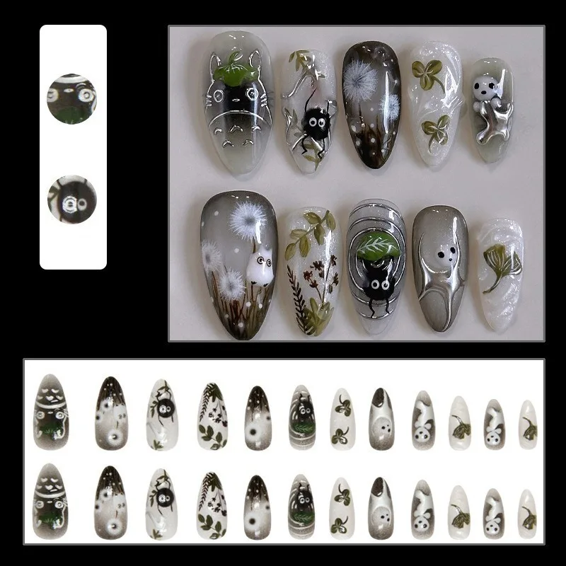 24 Gradations Black Artificial Nails Cute Cartoon Cat Snow Forest Fairy Girl Nail Glossy Almond Sweet and Cool Fake Nail Tips
