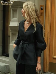 Clacive Casual Losse Zwarte Dames Shirt 2025, Mode V-hals Lange Mouwen Elegante Klassieke Lace-Up Top Vrouwelijke Kleding
