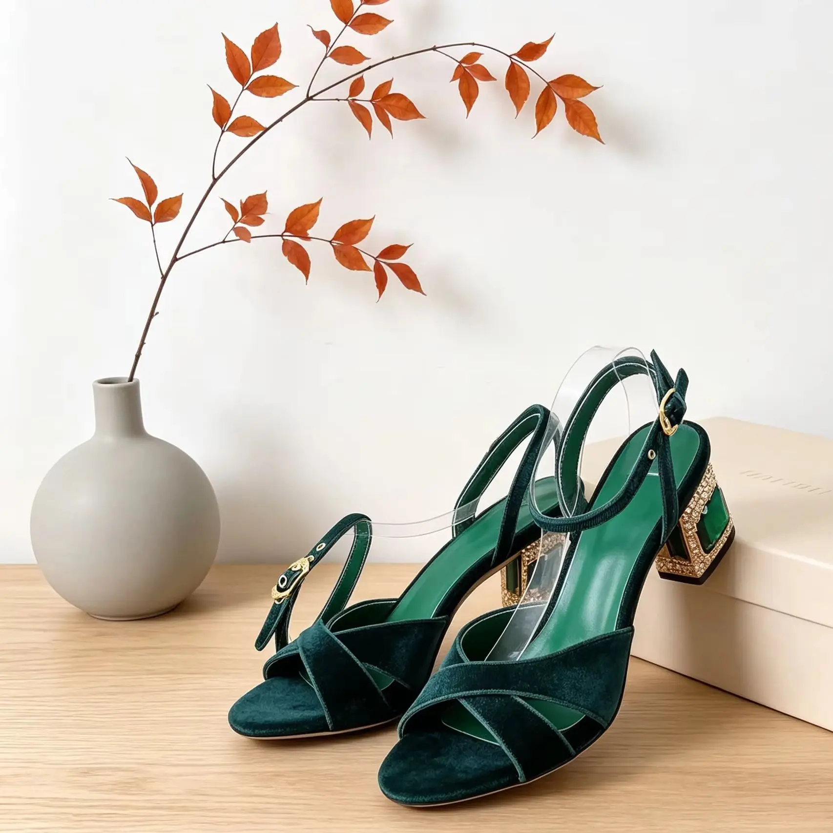Green Velvet Open Toe Women Sandals Chunky High Heel Pumps Ankle Strap Buckle Dressing Crystal Sandals De Mujer Party Lady Shoe