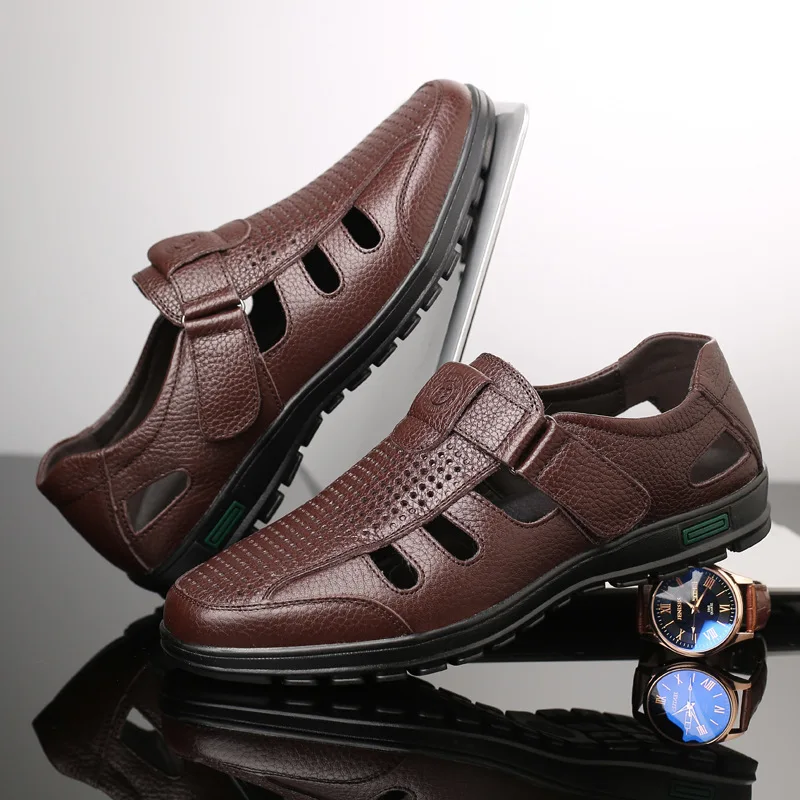 Summer Men Sandals Genuine Leather Mens Casual Shoes Outdoor Men Leather Sandals for Man Beach Shoes Roman Shoes Plus Size