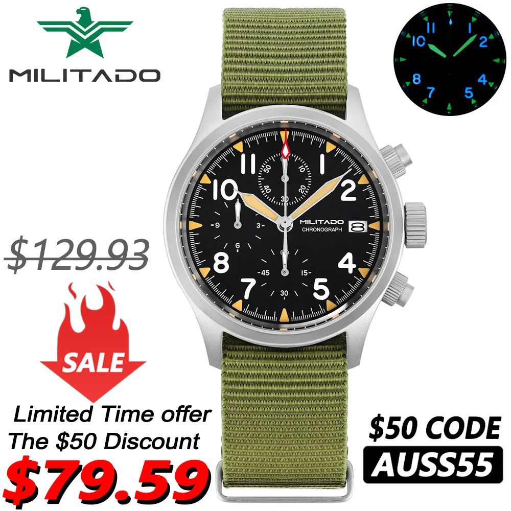 Militado ML1868KF Quartz 3 Dial Watch VK67 Chronograph Movement Luminous Watches Sapphire Glass 100m Water Resistance Wristwatch