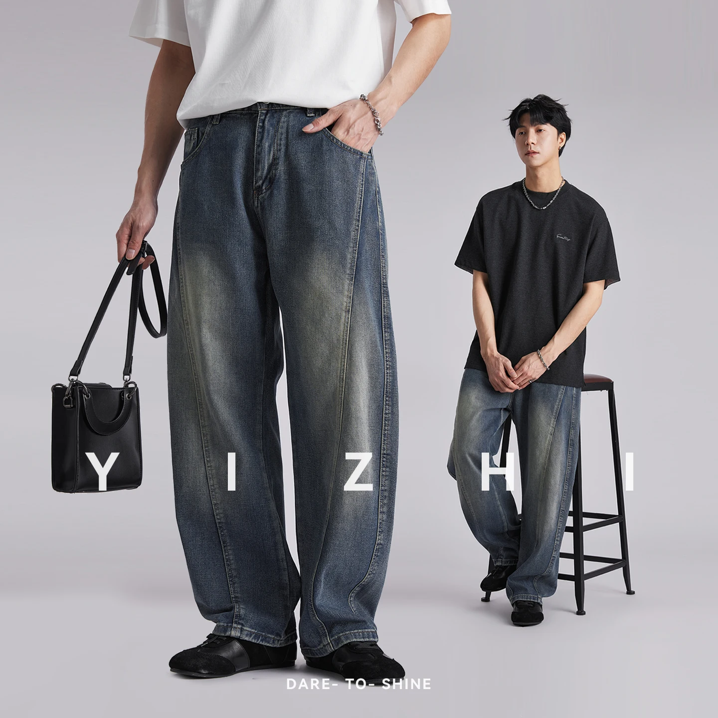 

Fashion Men's American Vintage Washed Soft Jeans 2026 Summer Loose Skin-Friendly Draped Spliced Trendy Wide Leg Pants