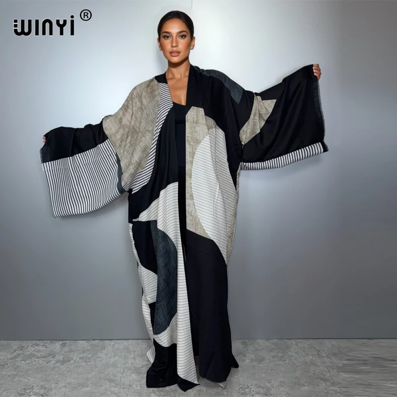 WINYI Winter Cardigan Africa Women Geometric Print Maxi Kimono Long Down Coat Middle East Fashion Abaya Muslim Woman Beachwear