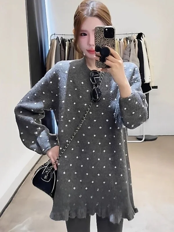

Ele Long Sve Knitted Sweater Women's Loose Fit round Ne Polka Dot Midi Top Casual Sle Autumn Winter Faion