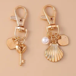Cute Alloy Love Heart Key Chain Pearl Shell Key Ring Pendants for Women Girl Handbag Accessories DIY Jewelry Gifts