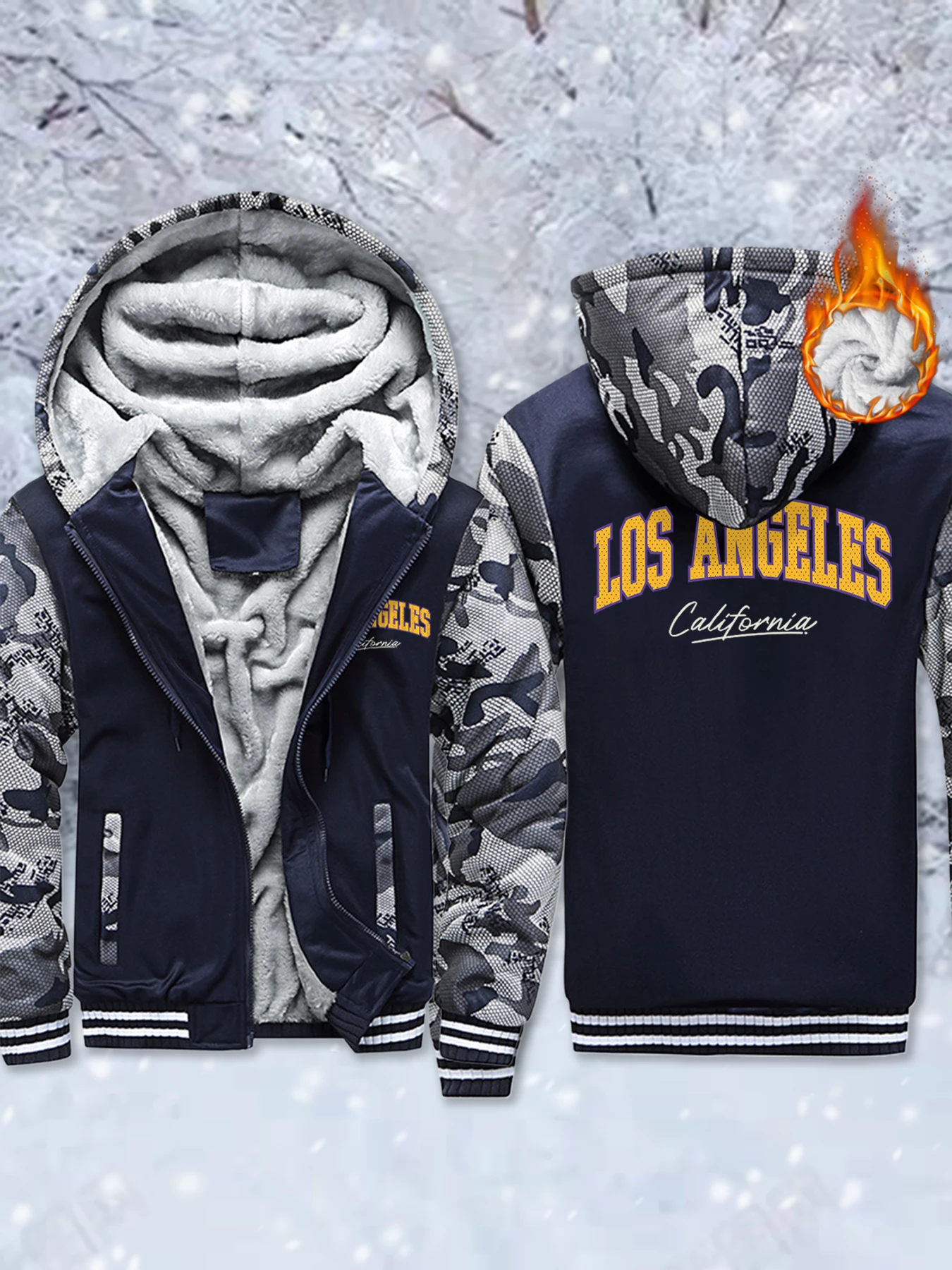 

California Letter Creative Printing Fleece Basics Jackets Men'S Fashion Winter Hoodie Warm Thicken Coat Zipper Comfy Sportswear