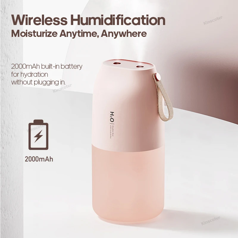 Umidificador de ar recarregável sem fio 2000mAh Cool Mist Diffuser Car Home Ultrasonic Humidifier with Warm Nightlight