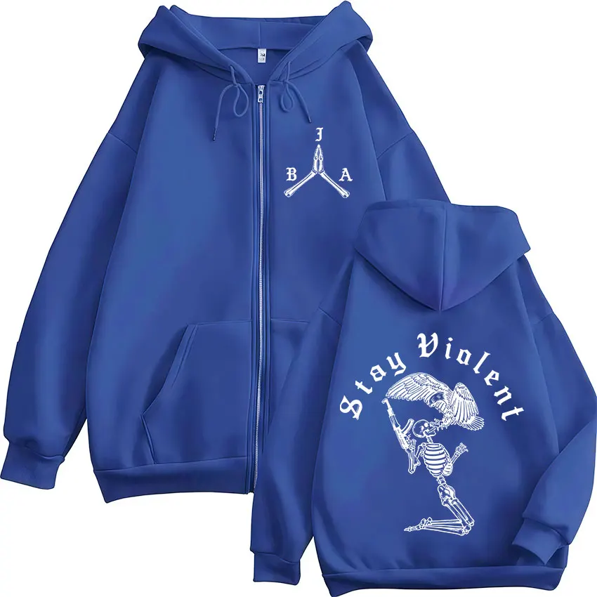 Stay Violent Brothers in Arms Skelett-bedruckte Kapuzenpullover mit Reißverschluss für Herren und Damen, Kapuzenpullover mit Reißverschluss, Vintage-Pullover, Jacken, Mäntel – Detail 6