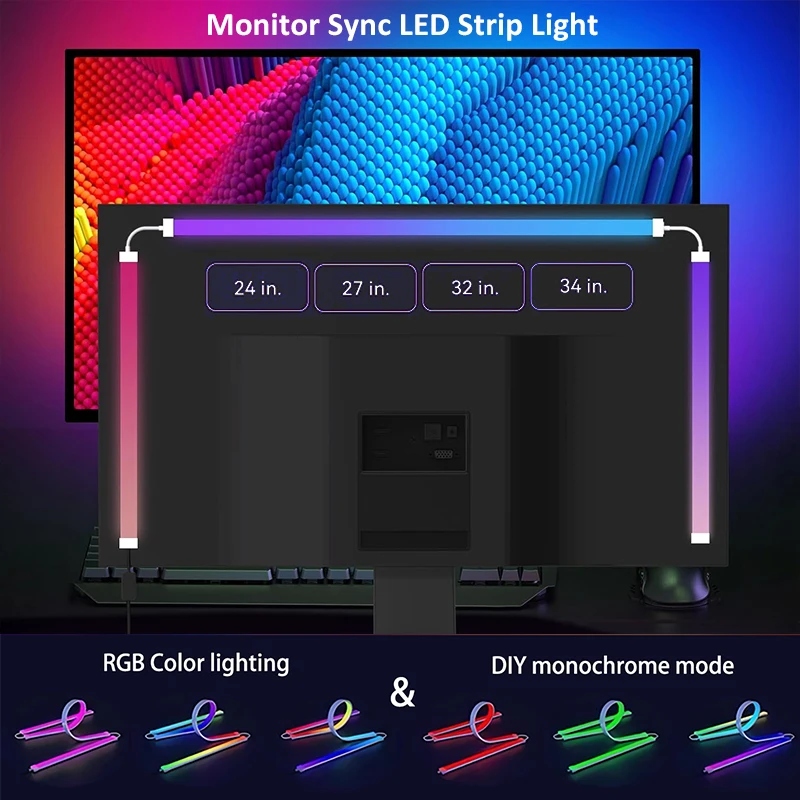 Декоративная умная световая лента сзади дисплея RGBIC с питанием от USB, креативная окружающая подсветка экрана, синхронизация дисплея ПК для игр, фильмов