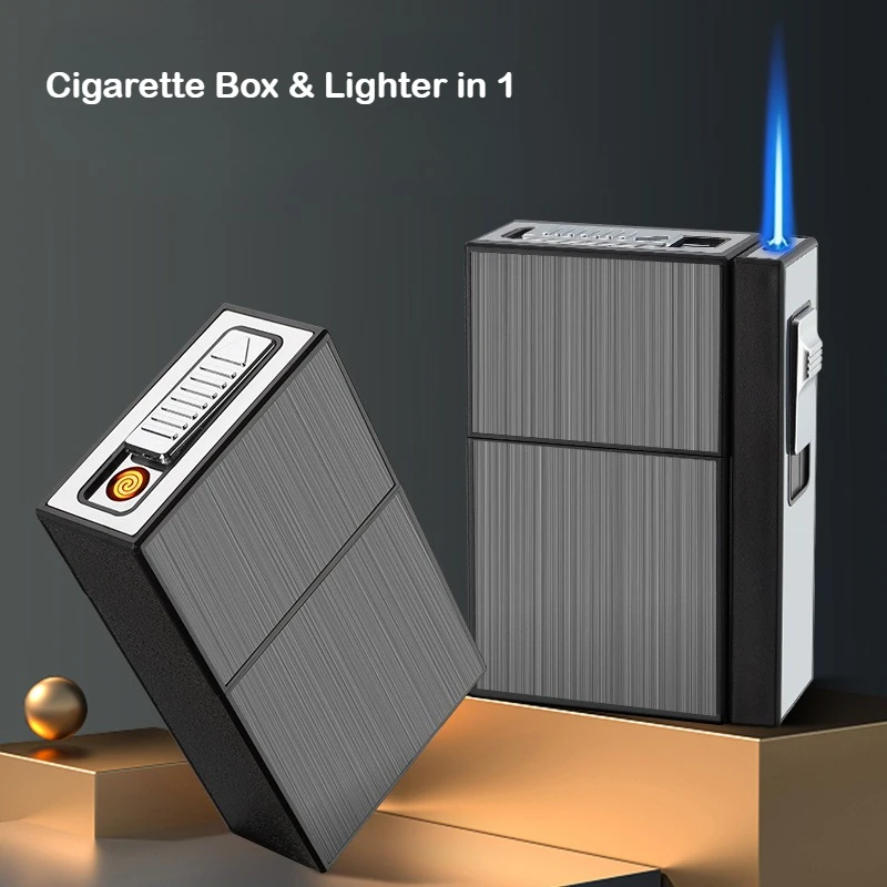 

USB 3-in-1 Multifunctional Gas Electric Cigarette Case Lighter Can Hold 20 Cigarettes Metal Inflatable Cigarette Case Wholesale