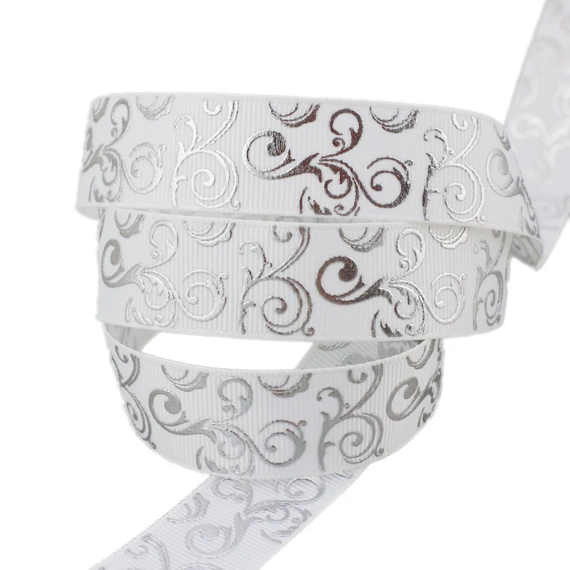 

(10 yards/lot) 25mm White Silver Hot stamping grosgrain ribbon gift wedding ribbons