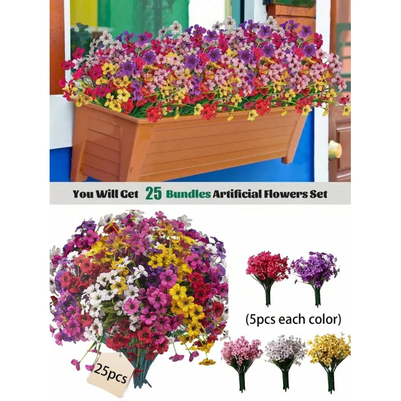 25 Bundles Artificial Flowers, Outdoor Indoor UV Resistant Fake Flowers No Fade Faux Plastic Plants