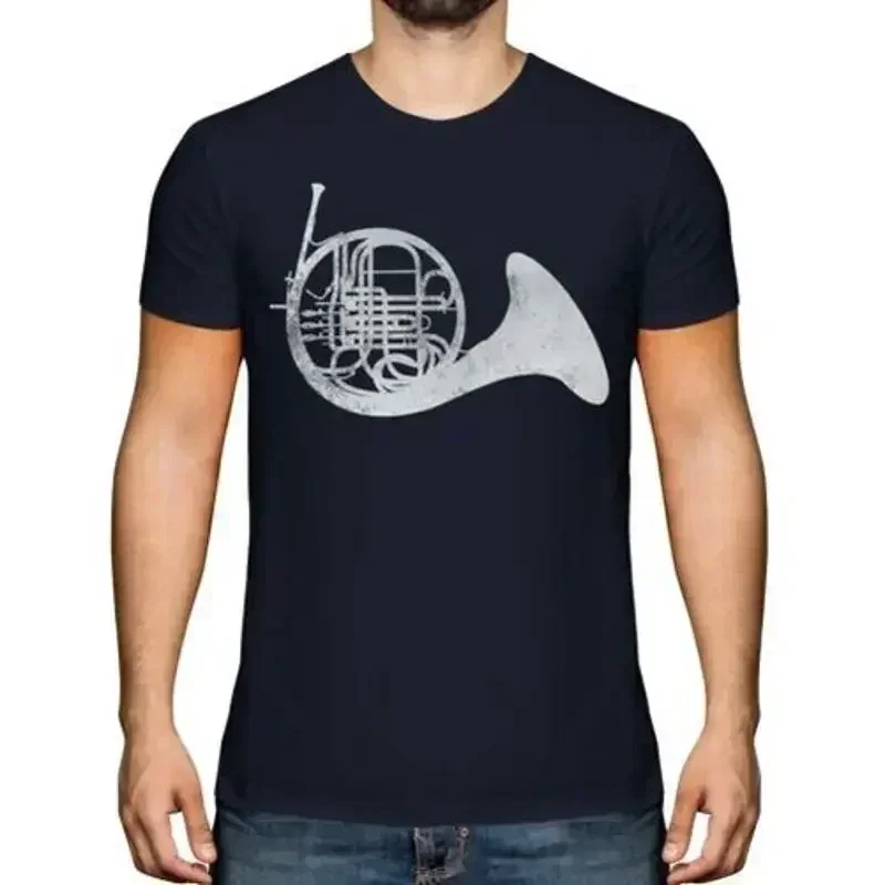 FRENCH HORN DISTRESSED PRINT MENS T-SHIRT VINTAGE STYLE DESIGN TOP BRASS GIFT