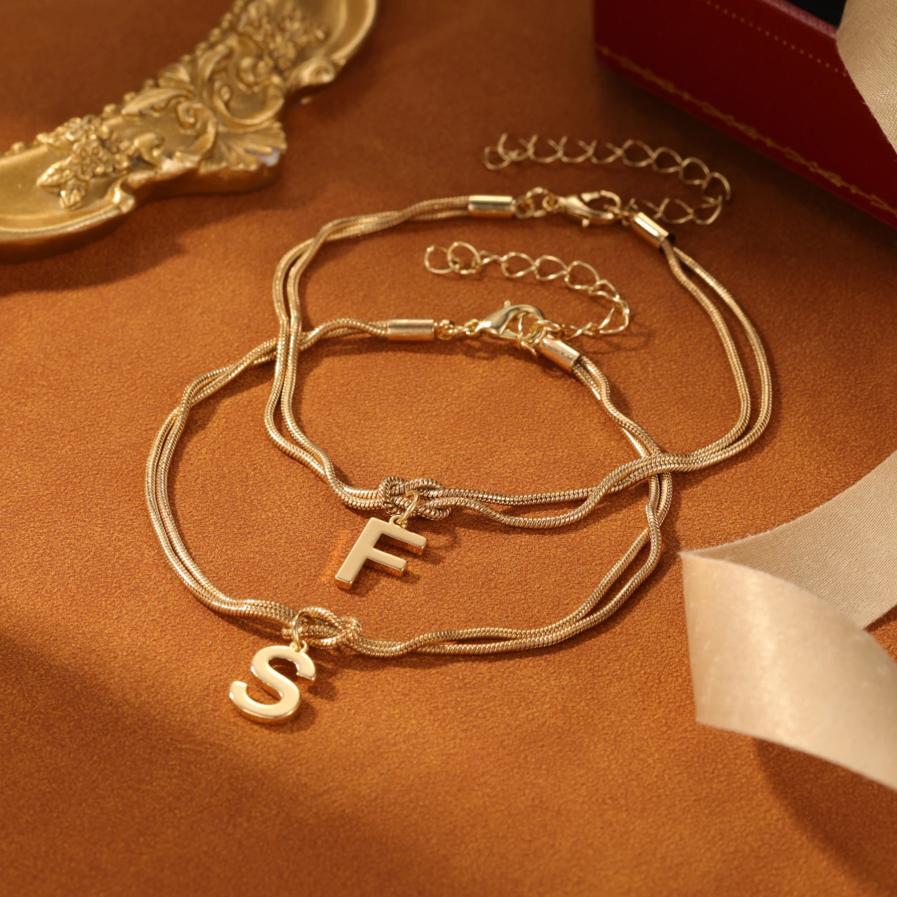Pulsera Personalizada con Letra Anudada, Pulsera con Inicial Personalizada, Pulsera de Cadena de Serpiente de Doble Capa, Regalo para Hija