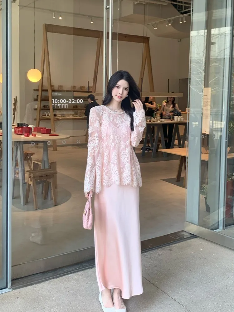 

Pink Lace Long Sve round Ne irt Women's Design Sensation Ele Top KingUsefulNatual Commute Sle Cotton Blend
