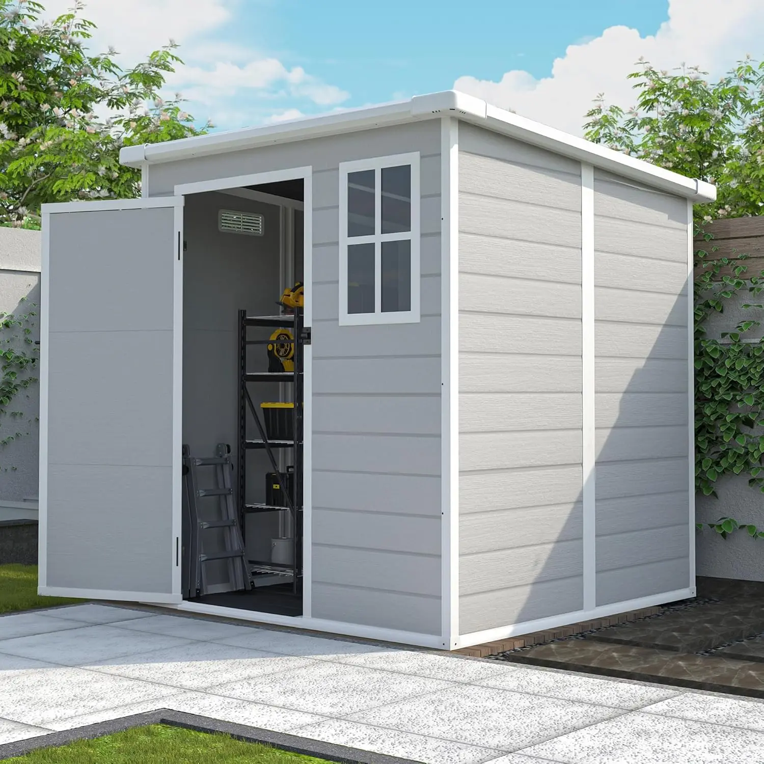 

6x6ft Resin Storage Shed Lean-to with Floor Window Lockable Door Waterproof for Patio Bike Trash Lawn, Custom