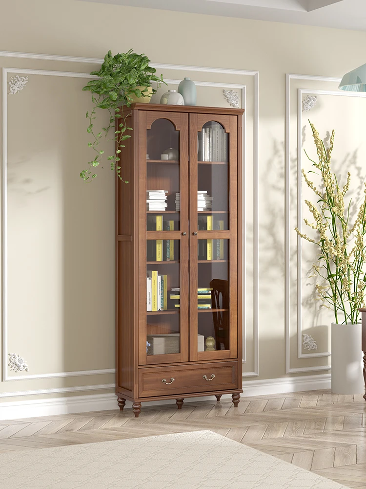 Solid Wood Log Combination Glass Door Dust-Proof Door Bookcase Entire Wall Wine Cabinet