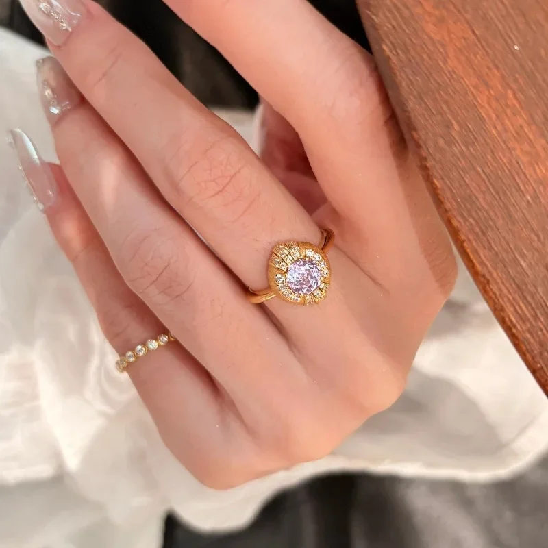 Creative brushed purple gemstone rose ring earrings for women exquisite High quality and diamond inlay light luxury jewelry sets
