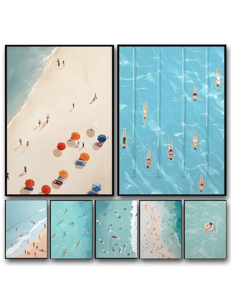 Abstract zomer zwembad feest strand zee oceaan boot kunst aan de muur prints poster diamant schilderij foto voor woonkamer decor - afbeelding 2
