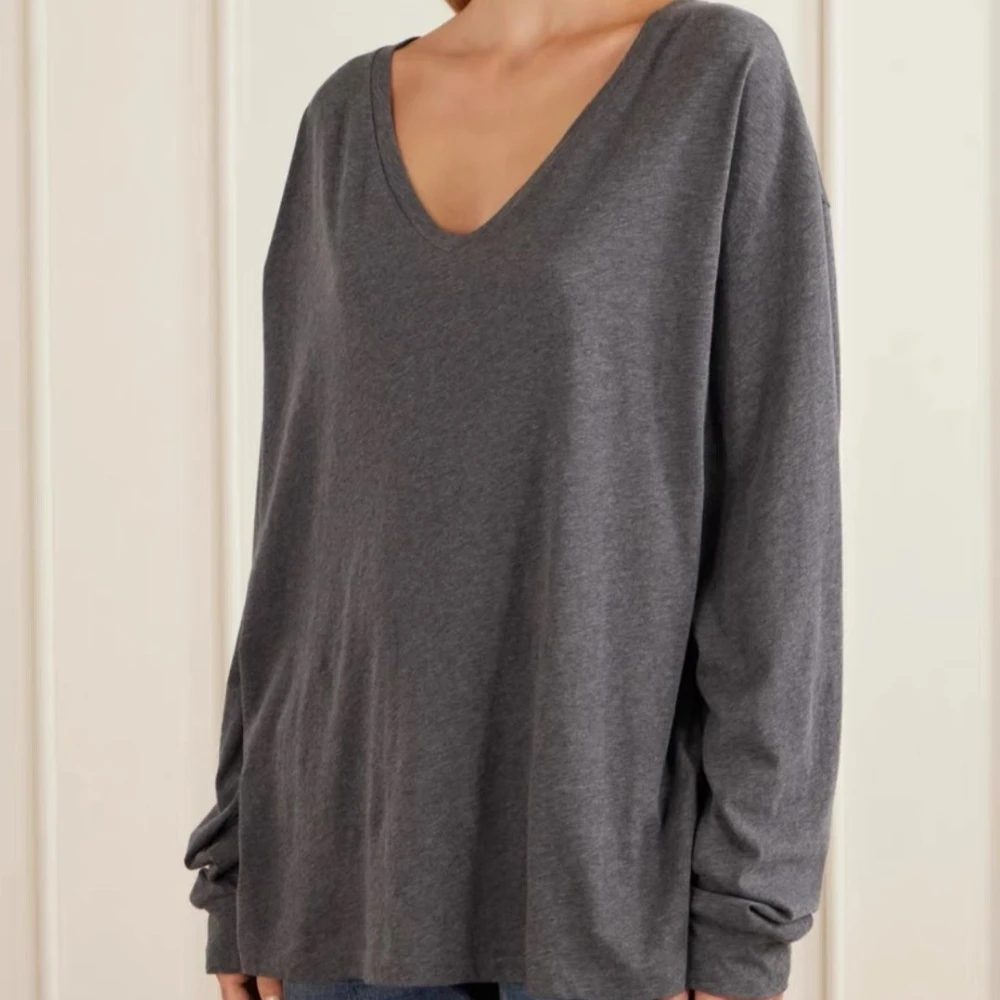Imported Soft-Touch Cotton V-Neck Long-Sleeve T-Shirt with Drop Shoulders