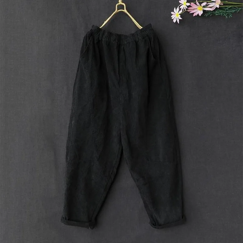 Pants Women Corduroy Spring Autumn New Vintage Thickening Casual Harem Trousers High Elastic Waist Retro Soft All-match Solid