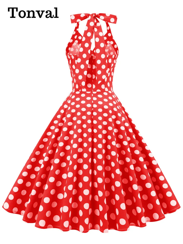 Tonval Grün Halter Neck Taste 50s Vintage Rockabilly Schaukel Kleid mit Taschen Backless Partei Sexy Frauen Polka Dot Kleider