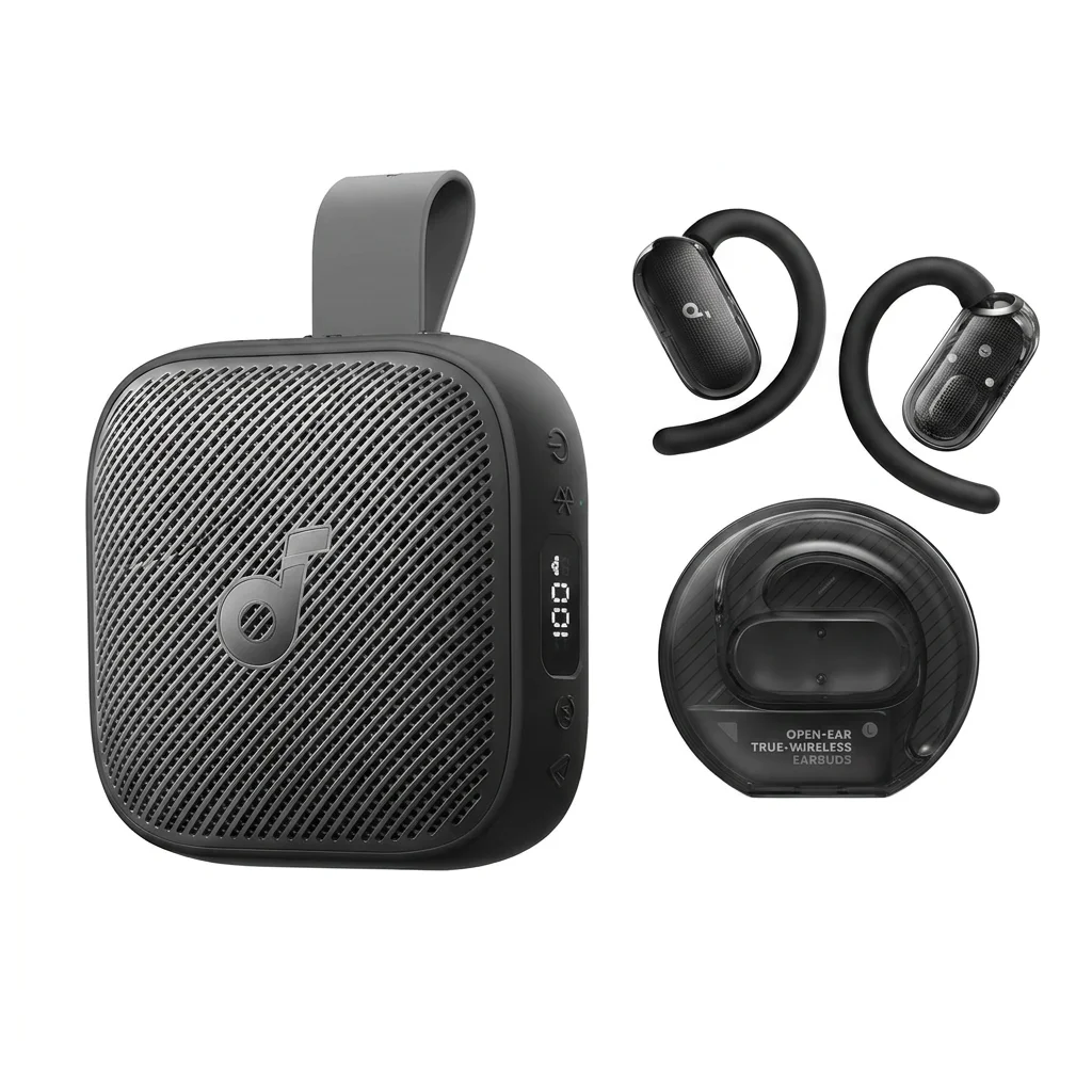 soundcore V40i & soundcore Boom Go 3i by Anker, Open-Ear Kopfhörer, transparentes Case ohne Deckel, 4 einstellbare Positionen für Jede Ohrgröße, intensiver Bass, IP55, 21h Wiedergabe, Anrufe mit KI,
