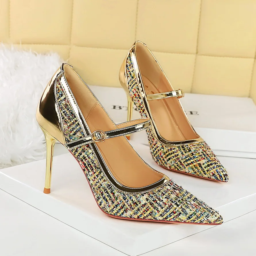 BIGTREE المرقعة عالية الكعب نسج تويد القماش أشار تو النساء مضخات خنجر 9.5 سنتيمتر فستان الحفلة الراقصة سيدة أحذية بكعب الذهب والفضة